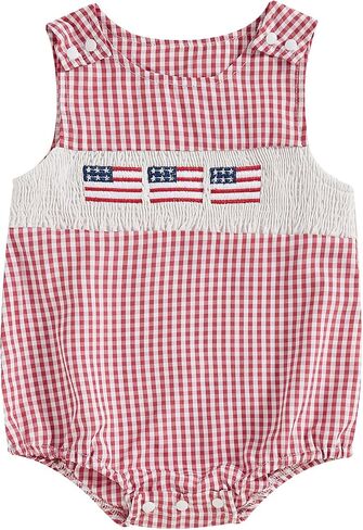 BeQeuewll 4th of July Baby Clothes Newborn Girl Boy Smocked Bubble Romper Flag Plaid Overalls Infant First 4th of July Outfit in Saudi Arabia