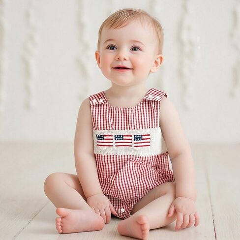 BeQeuewll 4th of July Baby Clothes Newborn Girl Boy Smocked Bubble Romper Flag Plaid Overalls Infant First 4th of July Outfit in Saudi Arabia