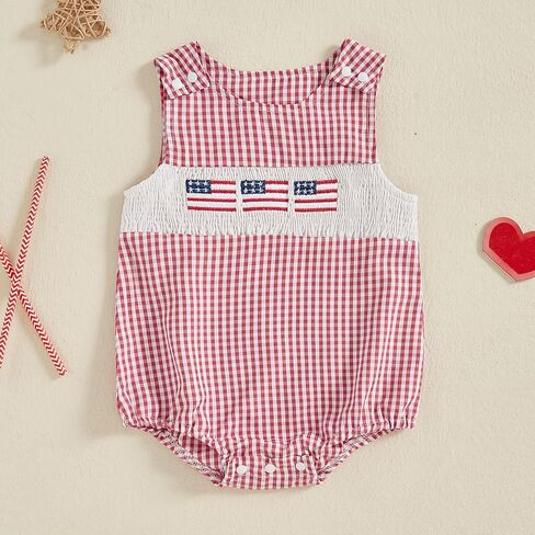 BeQeuewll 4th of July Baby Clothes Newborn Girl Boy Smocked Bubble Romper Flag Plaid Overalls Infant First 4th of July Outfit in Saudi Arabia
