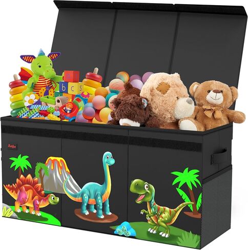 XL Dinosaur Toy Box - Foldable & Collapsible Cardboard Toy Chest Storage, Cute Dinosaur Design - Extra Large Organizer with Lid, Kids Storage with Removable Dividers & Mesh Pocket - Black in Saudi Arabia