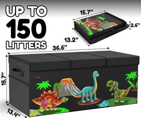 XL Dinosaur Toy Box - Foldable & Collapsible Cardboard Toy Chest Storage, Cute Dinosaur Design - Extra Large Organizer with Lid, Kids Storage with Removable Dividers & Mesh Pocket - Black in Saudi Arabia