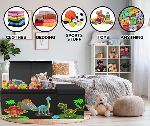 XL Dinosaur Toy Box - Foldable & Collapsible Cardboard Toy Chest Storage, Cute Dinosaur Design - Extra Large Organizer with Lid, Kids Storage with Removable Dividers & Mesh Pocket - Black in Saudi Arabia