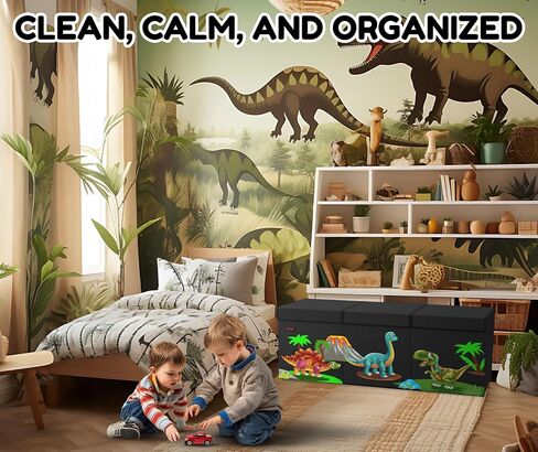 XL Dinosaur Toy Box - Foldable & Collapsible Cardboard Toy Chest Storage, Cute Dinosaur Design - Extra Large Organizer with Lid, Kids Storage with Removable Dividers & Mesh Pocket - Black in Saudi Arabia