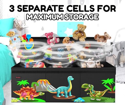 XL Dinosaur Toy Box - Foldable & Collapsible Cardboard Toy Chest Storage, Cute Dinosaur Design - Extra Large Organizer with Lid, Kids Storage with Removable Dividers & Mesh Pocket - Black in Saudi Arabia