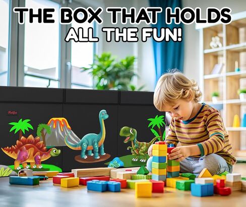 XL Dinosaur Toy Box - Foldable & Collapsible Cardboard Toy Chest Storage, Cute Dinosaur Design - Extra Large Organizer with Lid, Kids Storage with Removable Dividers & Mesh Pocket - Black in Saudi Arabia