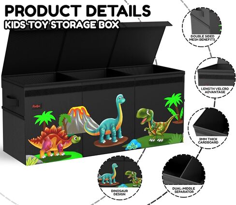 XL Dinosaur Toy Box - Foldable & Collapsible Cardboard Toy Chest Storage, Cute Dinosaur Design - Extra Large Organizer with Lid, Kids Storage with Removable Dividers & Mesh Pocket - Black in Saudi Arabia