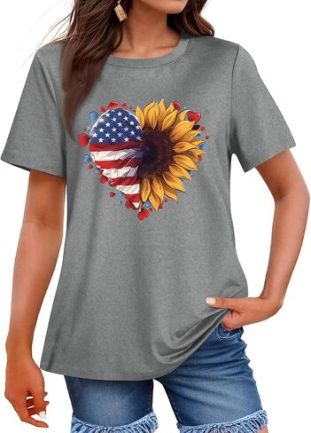 الرابع من يوليو قمصان النساء الولايات المتحدة الأمريكية من القطن العلم الأمريكي قمم الطاقم المحملات الوطنية الأساسية in Kuwait