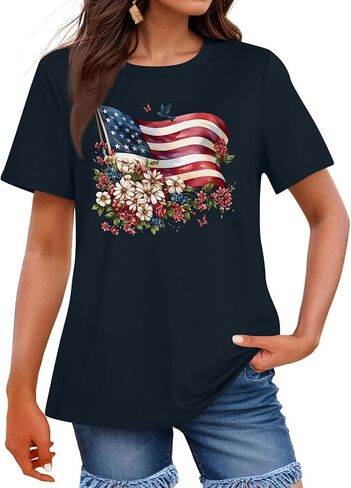 4Th of July Shirts Women USA American Flag Cotton Tops Crewneck Patriotic Basic Tees Short Sleeved T Shirt in Kuwait