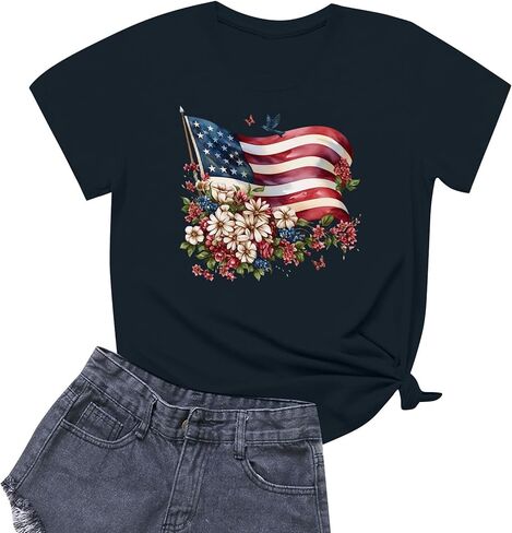 4Th of July Shirts Women USA American Flag Cotton Tops Crewneck Patriotic Basic Tees Short Sleeved T Shirt in Kuwait
