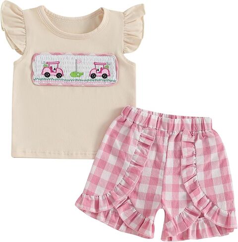 Toddler Baby Girl Golf Outfit Golf Cart Embroidery Flutter Sleeve T Shirt Tops Plaid Ruffle Shorts Set Summer Clothes in Saudi Arabia