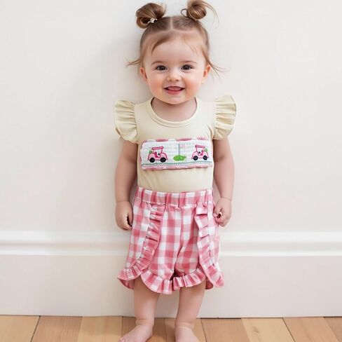 Toddler Baby Girl Golf Outfit Golf Cart Embroidery Flutter Sleeve T Shirt Tops Plaid Ruffle Shorts Set Summer Clothes in Saudi Arabia