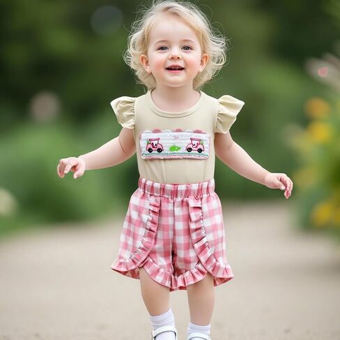 Toddler Baby Girl Golf Outfit Golf Cart Embroidery Flutter Sleeve T Shirt Tops Plaid Ruffle Shorts Set Summer Clothes in Saudi Arabia
