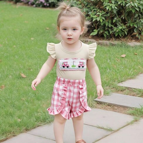 Toddler Baby Girl Golf Outfit Golf Cart Embroidery Flutter Sleeve T Shirt Tops Plaid Ruffle Shorts Set Summer Clothes in Saudi Arabia