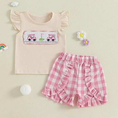 Toddler Baby Girl Golf Outfit Golf Cart Embroidery Flutter Sleeve T Shirt Tops Plaid Ruffle Shorts Set Summer Clothes in Saudi Arabia