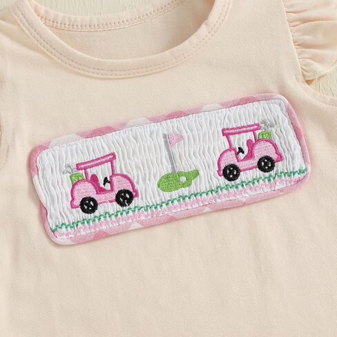 Toddler Baby Girl Golf Outfit Golf Cart Embroidery Flutter Sleeve T Shirt Tops Plaid Ruffle Shorts Set Summer Clothes in Saudi Arabia
