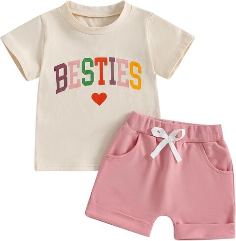 Douhoow Baby Girl Outfits Letter Print Print Short Sleeve Baby Girl Tops and Toddler Shorts 2 PCS Girls Summer Closey in Kuwait