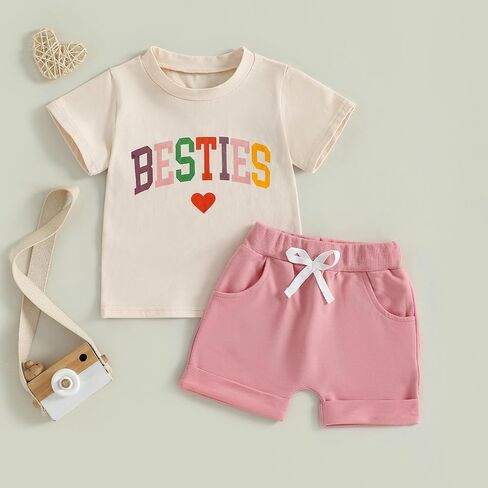Douhoow Baby Girl Outfits Letter Print Print Short Sleeve Baby Girl Tops and Toddler Shorts 2 PCS Girls Summer Closey in Kuwait
