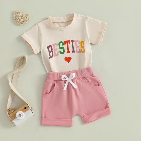 Douhoow Baby Girl Outfits Letter Print Print Short Sleeve Baby Girl Tops and Toddler Shorts 2 PCS Girls Summer Closey in Kuwait