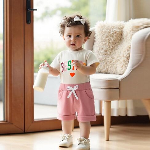 Douhoow Baby Girl Outfits Letter Print Print Short Sleeve Baby Girl Tops and Toddler Shorts 2 PCS Girls Summer Closey in Kuwait