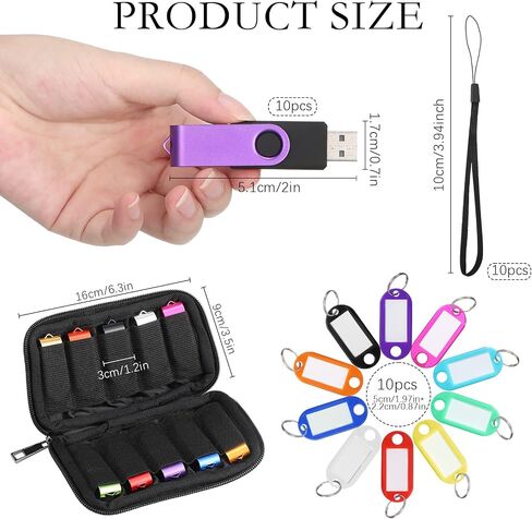 10 عبوات من محركات فلاش بسحاب مع حبل قصير وبطاقات مفاتيح وحافظة تخزين معدنية USB 2.0 محركات ابهام متعددة الحزم ذاكرة دوارة ملونة محمولة لتخزين البيانات (64GB) in Saudi Arabia