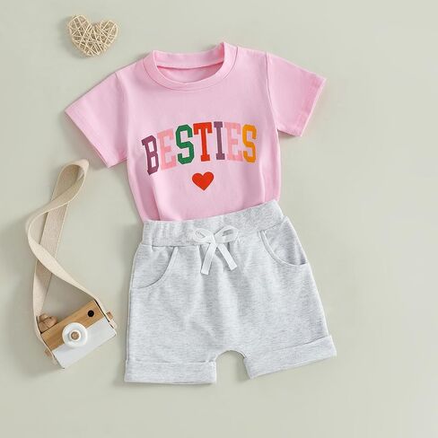 Douhoow Baby Girl Outfits Letter Print Short Sleeve Baby Girl Tops and Toddler Shorts 2 Pcs Girls Summer Clothes in Kuwait