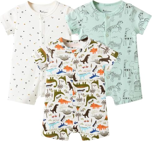 Baby Boy 3-Pack 100% Cotton Short Sleeve Rompers-Breathable One-Piece Jumpsuits with Animal Themes for Spring/Summer in Saudi Arabia