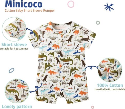Baby Boy 3-Pack 100% Cotton Short Sleeve Rompers-Breathable One-Piece Jumpsuits with Animal Themes for Spring/Summer in Saudi Arabia