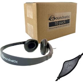 Soundnetic SNCCV Classroom Stereo Headphones with Leatherette Earpads and Volume Control, Black, Count of 10, Pack of 1