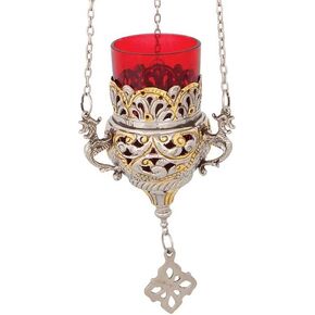 Orthodox Greek Christian Bronze Hanging Votive Vigil Oil Lamp with Chain and Red Glass - 9503gn