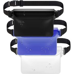 Waterproof Pouch with Waist Strap, 3 Pack Waterproof Fanny Pack Screen Touchable Dry Bag with Adjustable Belt for Phone Valuables for Boating Swimming Beach Pool Water Parks (Blue Clear Black)