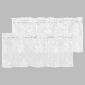 DWCN 2 Pack White Floral Lace Valances for Kitchen - Rod Pocket Half Window Sheer Curtains for Small Window Living Room Cafe, 42 x 18 inch, Lace White