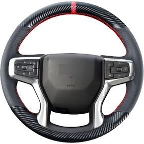 DIY Stitching Carbon Fiber Steering Wheel Cover for Chevrolet Chevy Blazer 2019-2022 / Silverado 1500 2019-2021 2500HD 3500HD 2020-2021 / Suburban Tahoe 2021 Black Leather Interior Accessories
