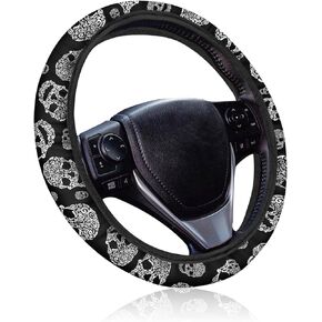 1 PC Car Steering Wheel Cover, 14.96" Skull All-Season Sweat-Absorbent Breathable Steering Wheel Protective Cover, Decorative Modification Accessory, for Most Car Models (Black & White)