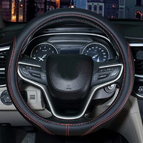 Auto Car Steering Wheel Cover, Universal 15 Inch Fit, Microfiber Leather, Non-Slip, Breathable (Black&Red)