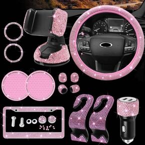 Bling Car Accessories for Women, MAIMEIMI Bling Car Accessories Set,Bling Steering Wheel Covers,Bling License Plate Frame,Bling Car Holder,Bling Car Charger,14pcs Rhinestone Car Decor Set(Pink)
