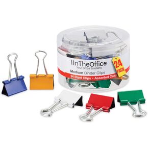 1InTheOffice Binder Clips متوسطة الحجم، مشابك ورقية، مشابك مجلدة ملونة، ألوان متنوعة، (24 حزمة)