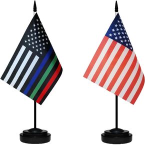 Thin Blue Green and Red Line American USA Desk Flag,Small Mini Patriotic American Honoring Police Military and Fire Officers Table Flags With Stand Base,Miniature Thin Blue Green and Red Line Deluxe