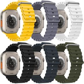 6 Pack Ocean Band Compatible with Apple Watch Band Ultra 49mm for Women Men, Silicone Adjustable Sport Band with Metal Buckle for Apple Watch iWatch Ultra 1 2 Series Strap