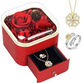 Preserved Roses with Necklace&Ring, Eternal Roses, Real Rose Gifts for Mom Wife Girlfriend