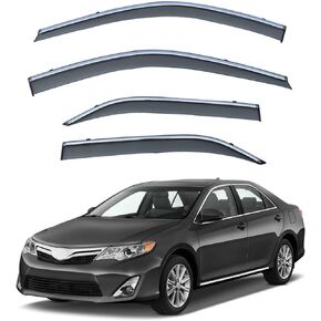 4pcs Smoke Tint with Chrome Trim Outside Mount Tape On/Clip On Style PVC Sun Rain Guard Vent Window Visors Compatible with 12-14 Camry