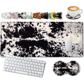 Large Gaming Mouse Pad, 31.5x11.8 in Extended Computer Mouse Mat with Non-Slip PU Base, Ergonomic Memory Foam Keyboard Wrist Rest, for Work & Gaming, Office Desk Pad Black White Cowhide Fur in Kuwait