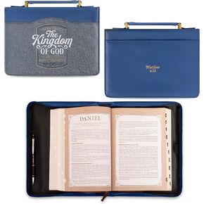 Christian Art Gifts Vegan Leather Fashion Bible Cover Carry Case for Women: Seek First the Kingdom of God - Mat. 6:33 Inspirational Scripture Verse w/Pockets, Pen Storage & Gold, Metallic Blue, Medium