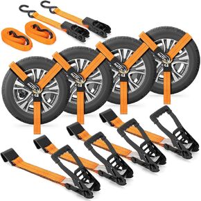 Car Trailer Tie Down Straps,10000 lbs Break Strength with Flat Hooks,Lasso Style-4 Pack 2" x 96" Ratchet Car Tie Down Straps,2 Pack 1" x 15' Cargo Straps-3333lb Working Load