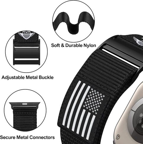 Rugged Nylon Band Compatible with Apple Watch Band 49mm 45mm 44mm 42mm,Soft Sport Loop Adjustable Wristbands Replacement Strap for Apple Watch Ultra iWatch Series 8/7/SE/6/5/4/3/2/1,USA Flag Black in Saudi Arabia