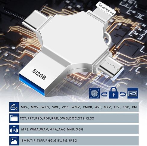 USB C Flash Drive Photo Stick 512GB - 4 في 1 USB 3.0 عالي السرعة على شكل قلم الإبهام، جهاز تخزين محمول لمحرك القفز متوافق مع الهواتف الذكية وأجهزة الكمبيوتر المحمولة وأجهزة الكمبيوتر الشخصية وتخزين البيانات الخارجية بنظام Android in Kuwait