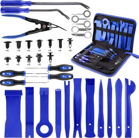 95Pcs Trim Removal Tool Car Panel Door Audio Trim Removal Kit Multiple Auto Clip Pliers Fastener Remover Set Pry Puller Crowbar Car Upholstery Terminal/Stereo Repair Blue with Storage Bag in Saudi Arabia