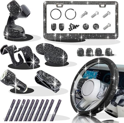 OKLPF 28 قطعة من إكسسوارات السيارات اللامعة للنساء مجموعة داخلية لطيفة إطار لوحة ترخيص بلينغ مقاس 15 بوصة أغطية عجلة القيادة بلينغ حامل هاتف من حجر الراين زجاج شفاف لامع وبلورات ماسية (أسود) in Kuwait