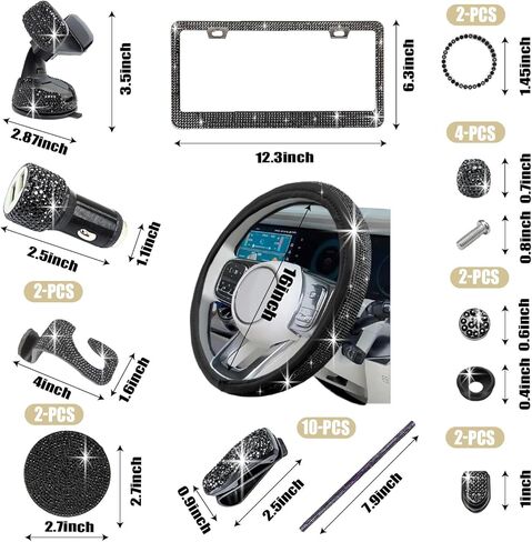 OKLPF 28 قطعة من إكسسوارات السيارات اللامعة للنساء مجموعة داخلية لطيفة إطار لوحة ترخيص بلينغ مقاس 15 بوصة أغطية عجلة القيادة بلينغ حامل هاتف من حجر الراين زجاج شفاف لامع وبلورات ماسية (أسود) in Kuwait
