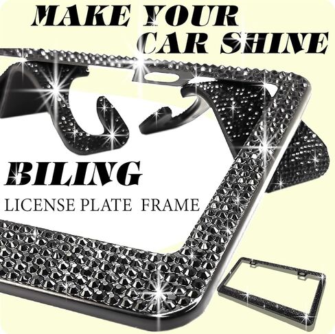OKLPF 28 قطعة من إكسسوارات السيارات اللامعة للنساء مجموعة داخلية لطيفة إطار لوحة ترخيص بلينغ مقاس 15 بوصة أغطية عجلة القيادة بلينغ حامل هاتف من حجر الراين زجاج شفاف لامع وبلورات ماسية (أسود) in Kuwait