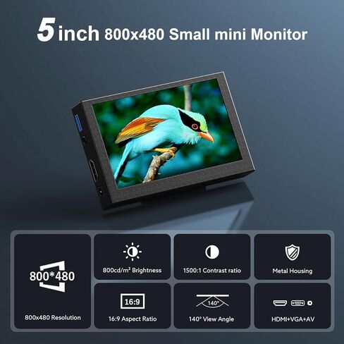 شاشة 5 بوصة، شاشة IPS LCD صغيرة مقاس 800 × 480، هيكل معدني، شاشة فيديو كاميرا صغيرة بزاوية عرض 140 درجة مع مدخلات HDMI/AV/VGA متوافقة مع كاميرا DSLR للكمبيوتر المحمول، DVD DVR CCD in Kuwait